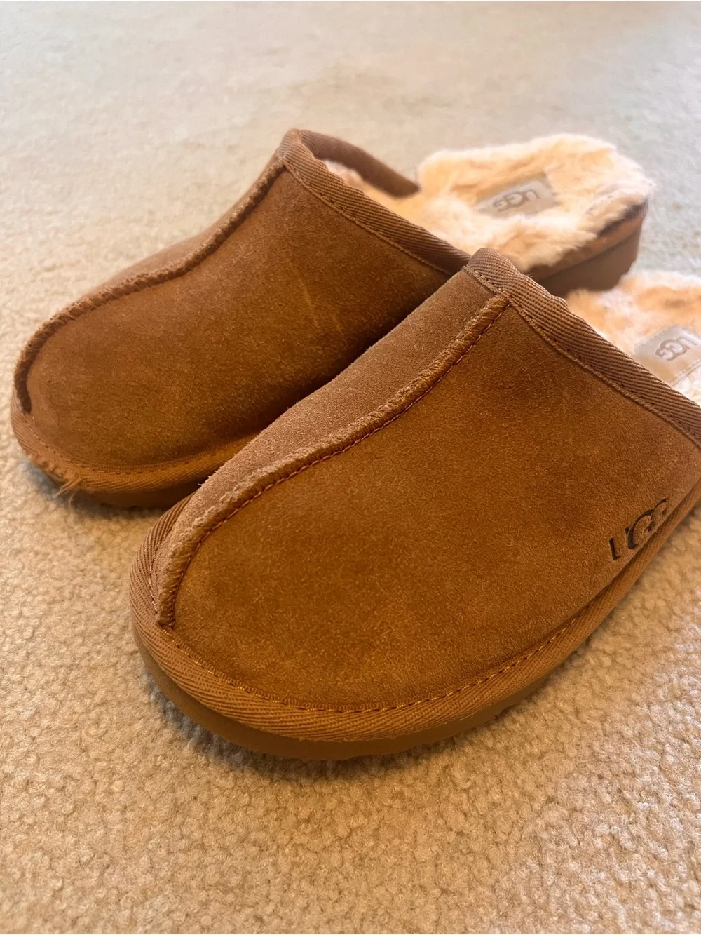 UGG Kids Brown Suede Fur-Lined Slip-On Slippers Sz 3